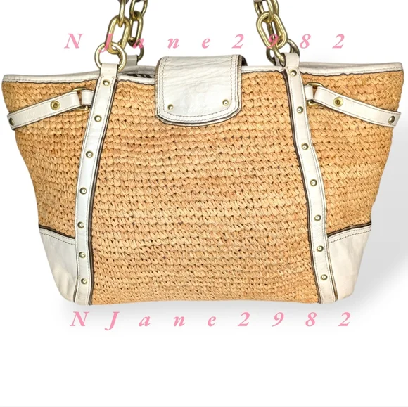 Coach Straw Tote Floral Appliqué Natalie Hampton 16763 Ivory Grey Stud Leather - Picture 3 of 16